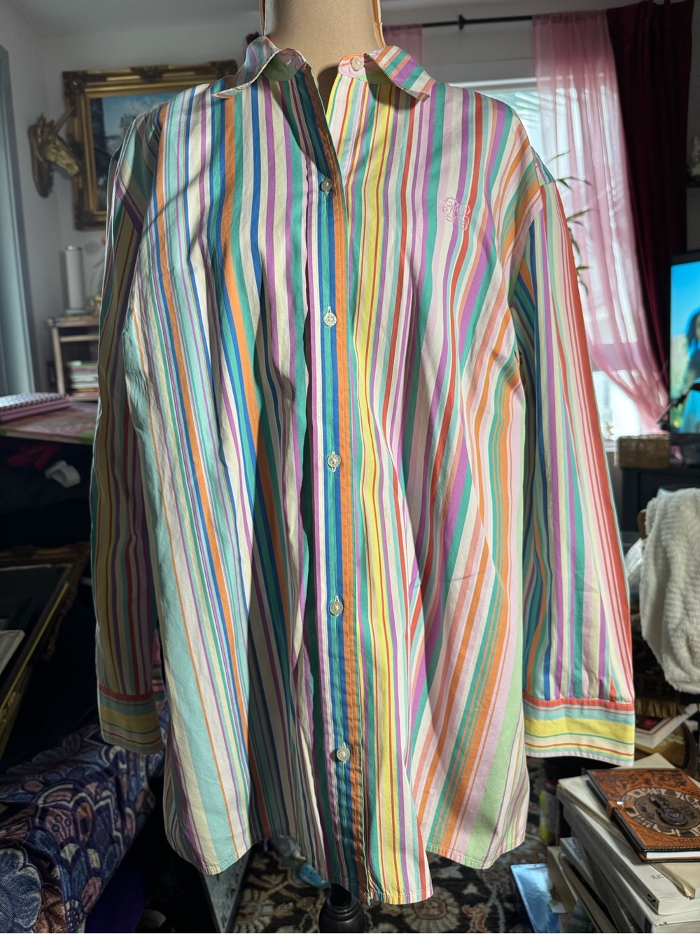 Lauren Ralph Lauren 1X Multicolor Striped Cotton Button Down Shirt Tunic - Picture 1 of 8